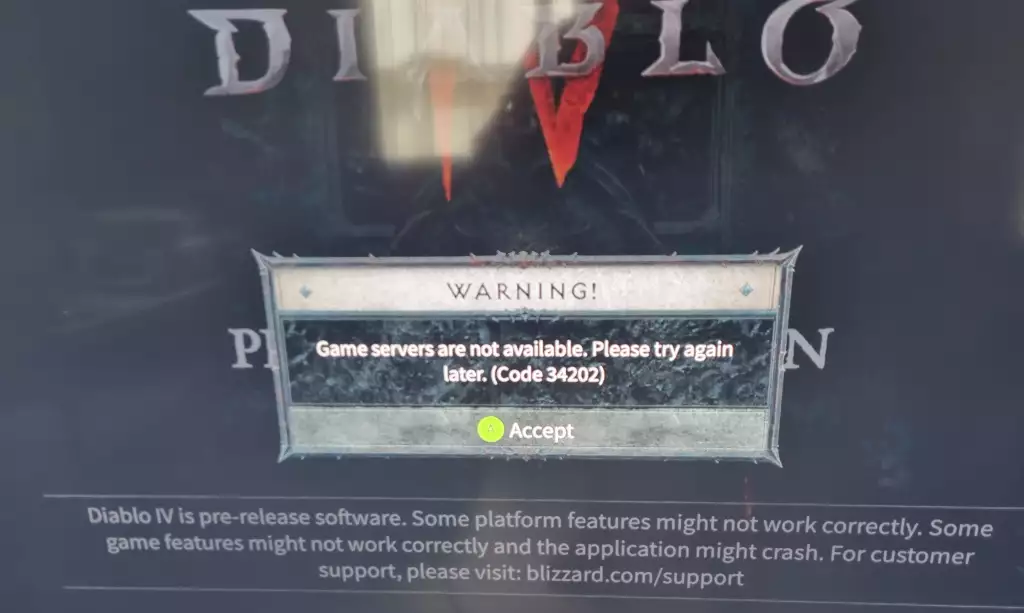 Diablo 4 Error Code 34202 fix explanation meaning game servers not available