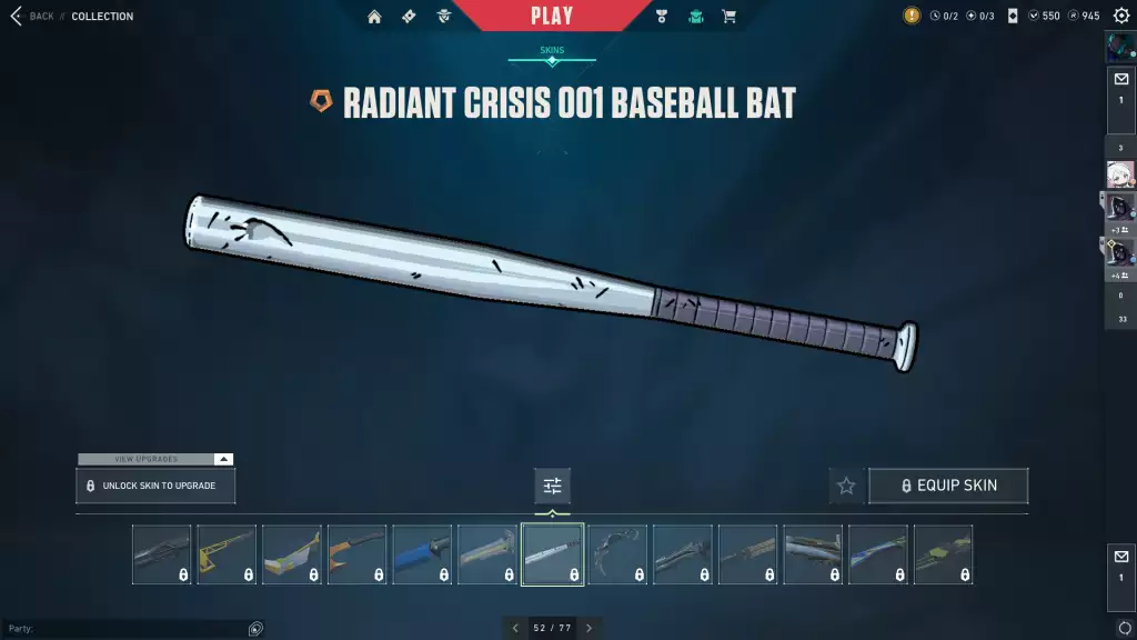 Radiant Crisis 001 Baseball Bat Skin in Valorant. 