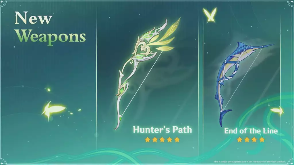 genshinn impact 3.0 update equipment new weapons bows 5-star hunters bow 4-star end of the line